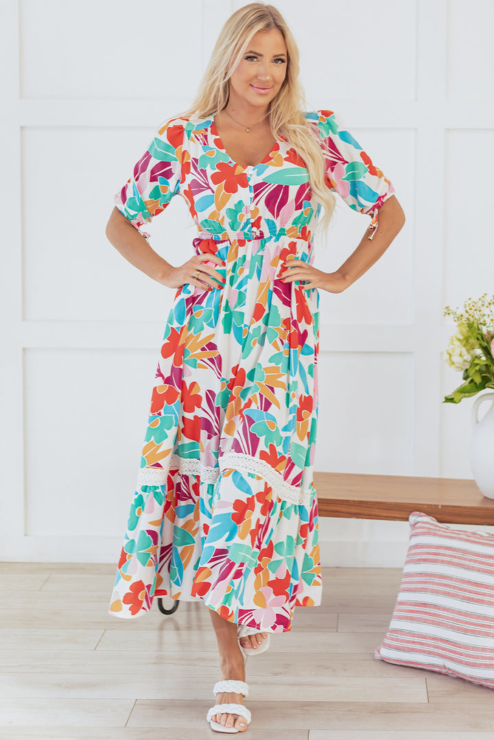 Rose Red Floral Knot Puff Sleeve V Neck Buttoned Front Split Lace Maxi Dress