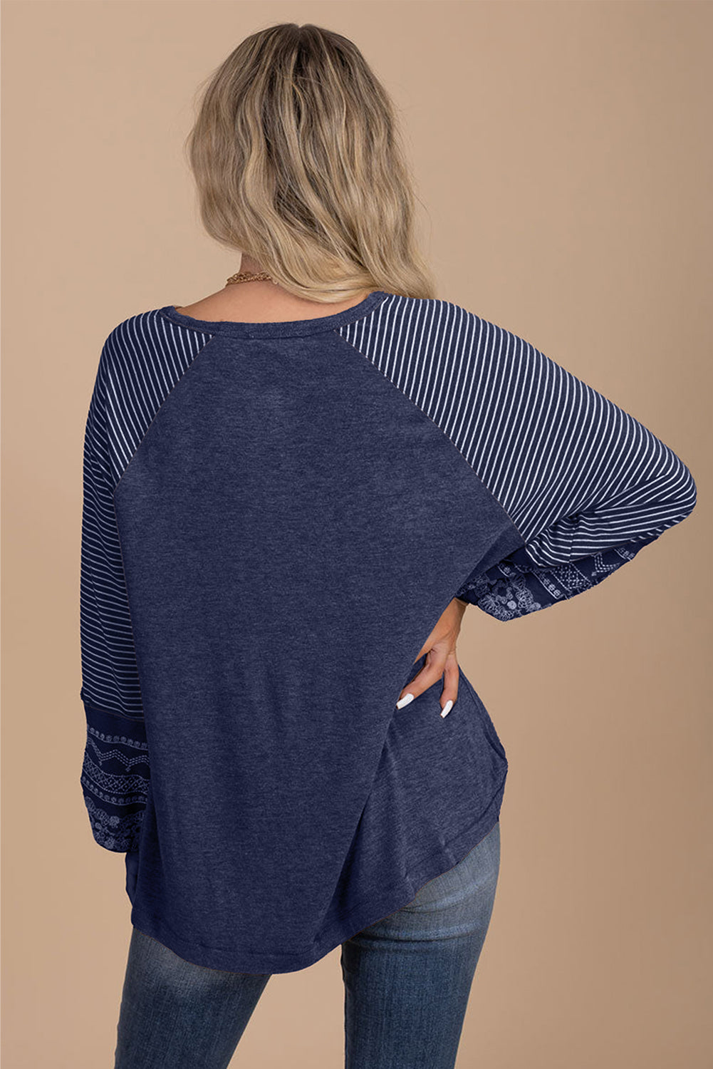 Navy Blue Contrast Print Striped Raglan Long Sleeve Loose Top