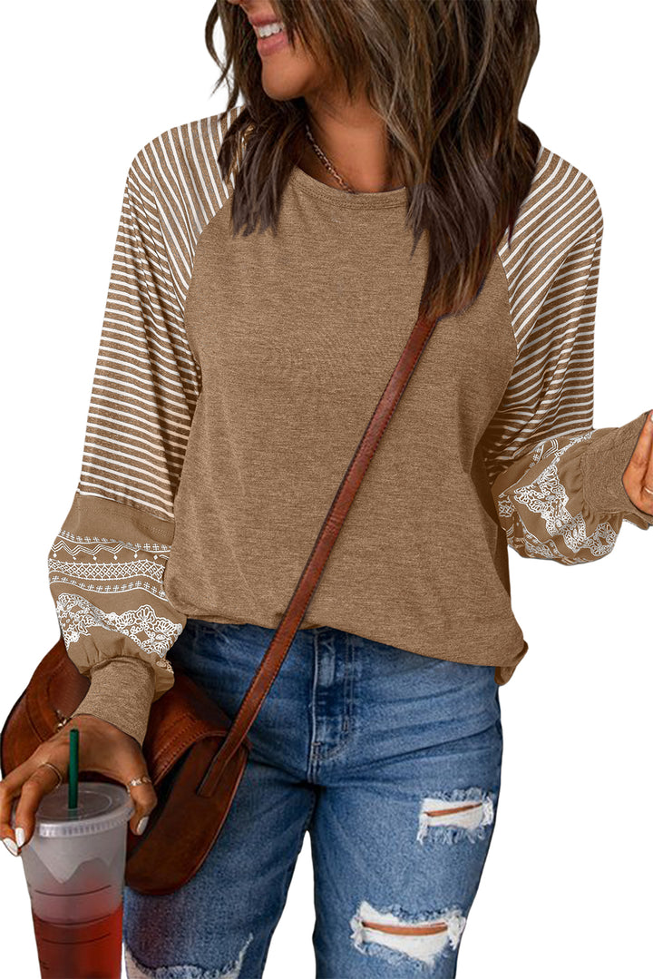 Navy Blue Contrast Print Striped Raglan Long Sleeve Loose Top