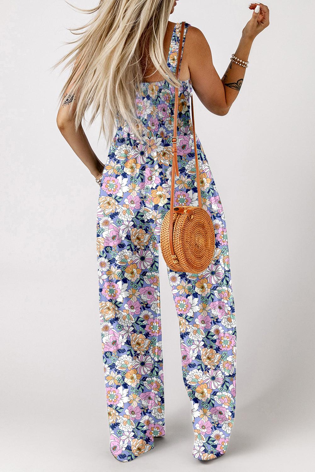 Purple Floral Print Smocked High Waist Square Neck Jumpsuit - Lulubelles Clothing and Accessories