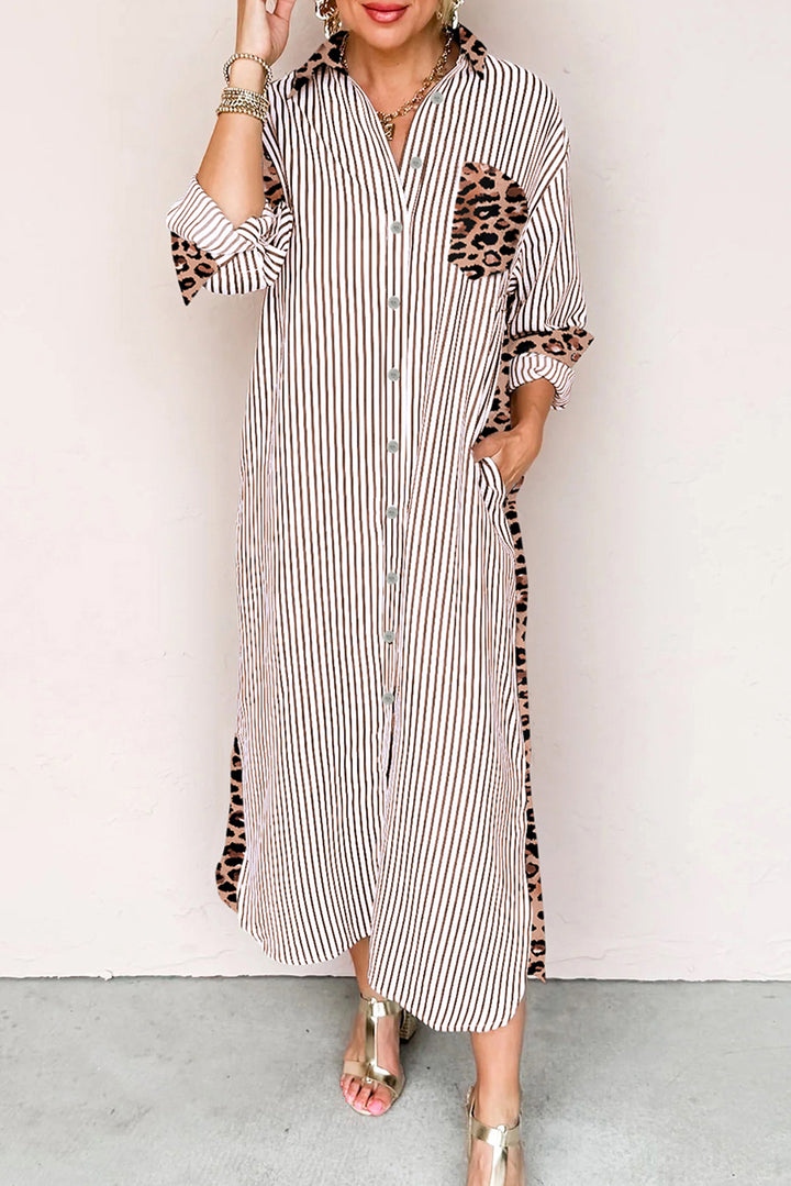 Brown Stripe Contrast Leopard Patchwork Long Shirt Dress with Slits