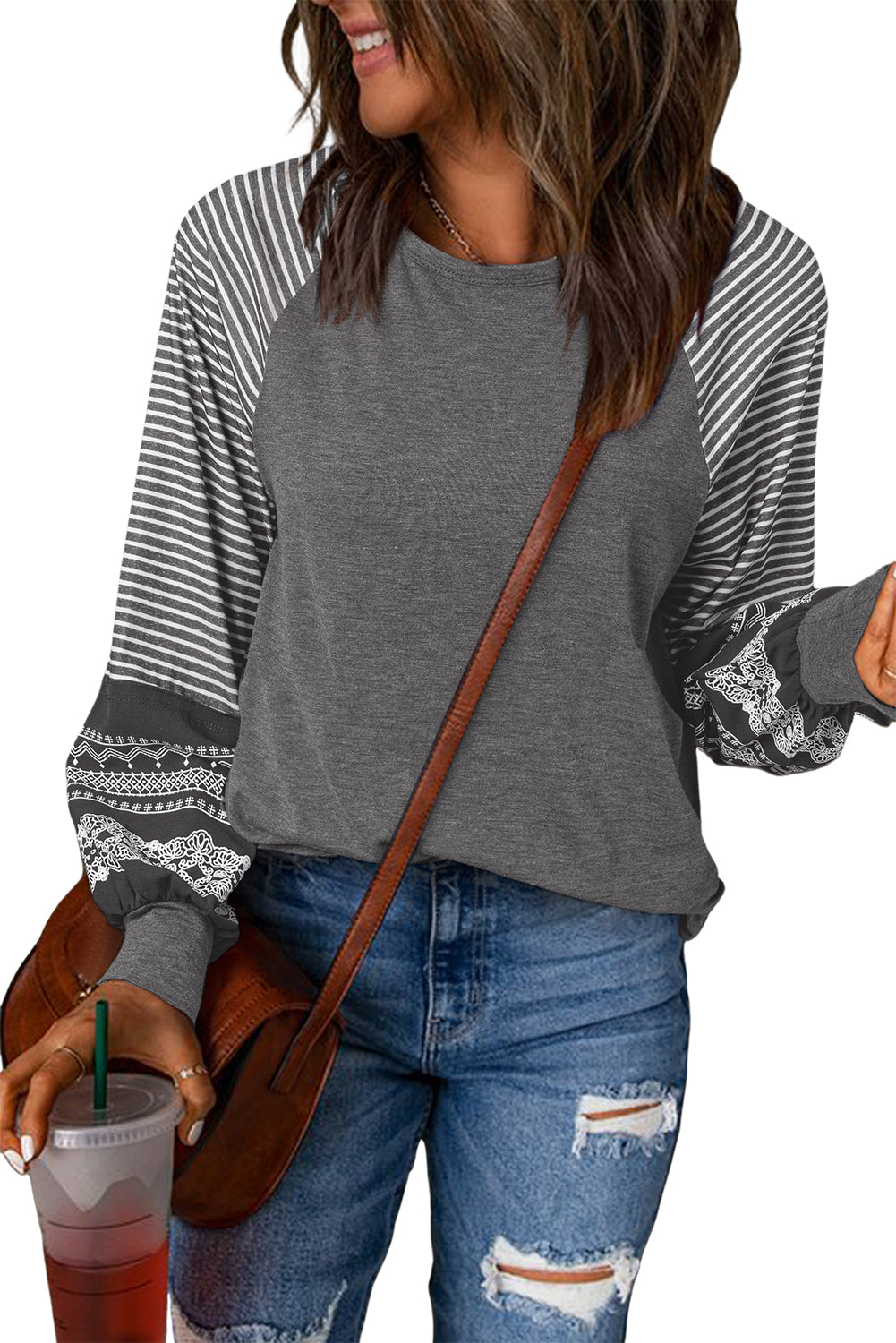 Navy Blue Contrast Print Striped Raglan Long Sleeve Loose Top