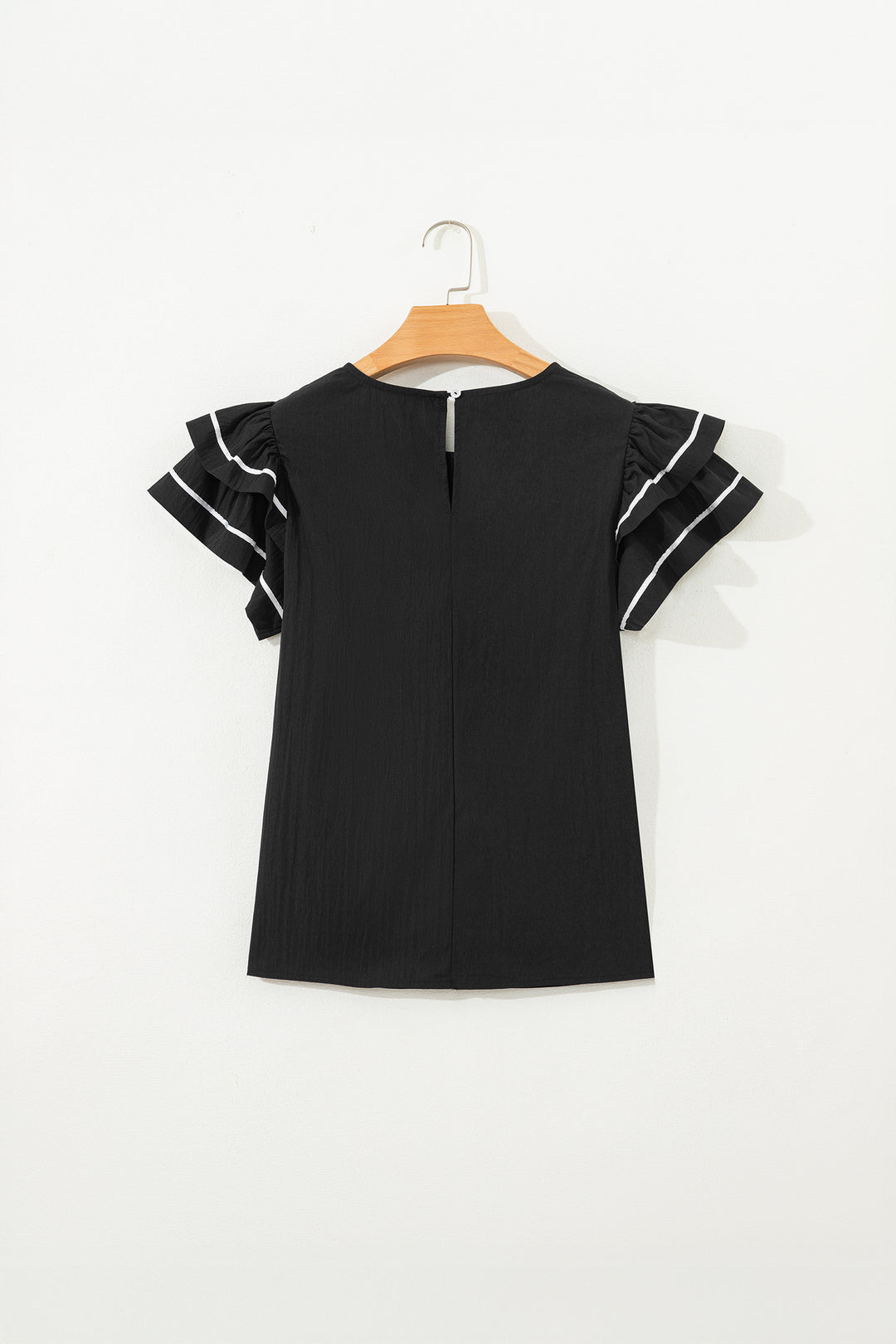 Black Contrast Trim Dual Ruffle Short Sleeve Textured Blouse - Lulubelles Clothing and Accessories