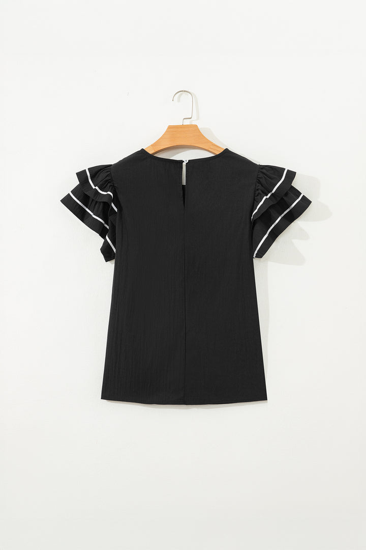 Black Contrast Trim Dual Ruffle Short Sleeve Textured Blouse - Lulubelles Clothing and Accessories
