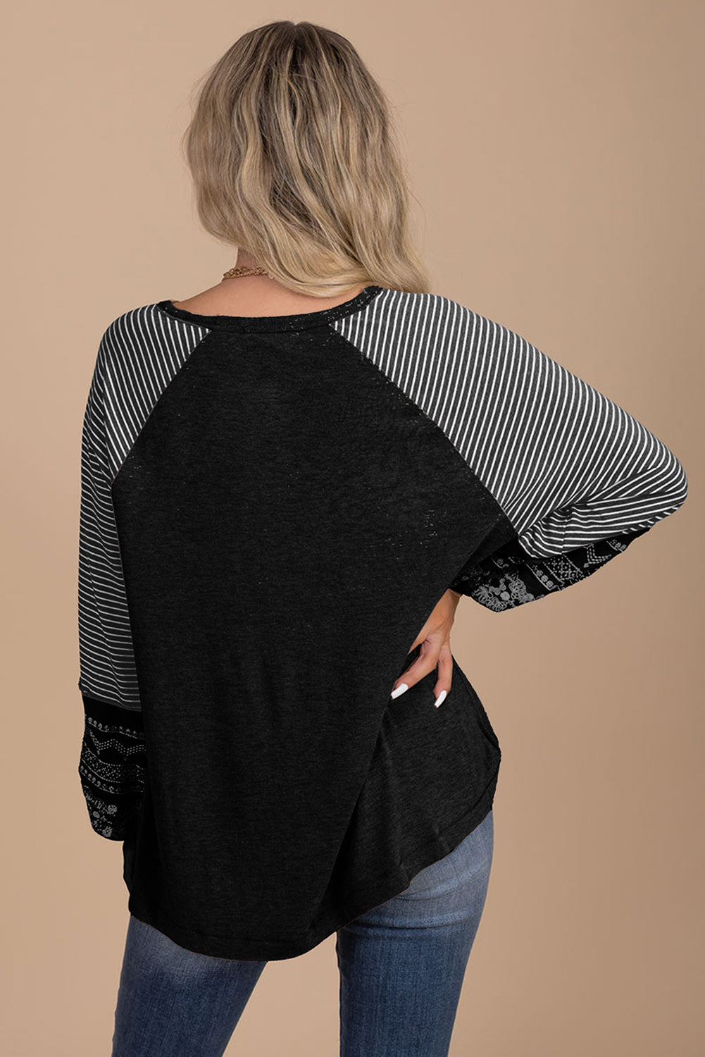 Navy Blue Contrast Print Striped Raglan Long Sleeve Loose Top