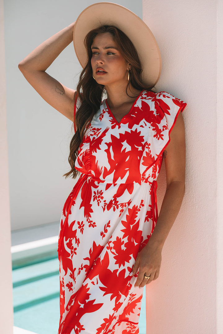 Red Floral Print Trimmed V Neck Ruffle Sleeve Long Dress - Lulubelles Clothing and Accessories