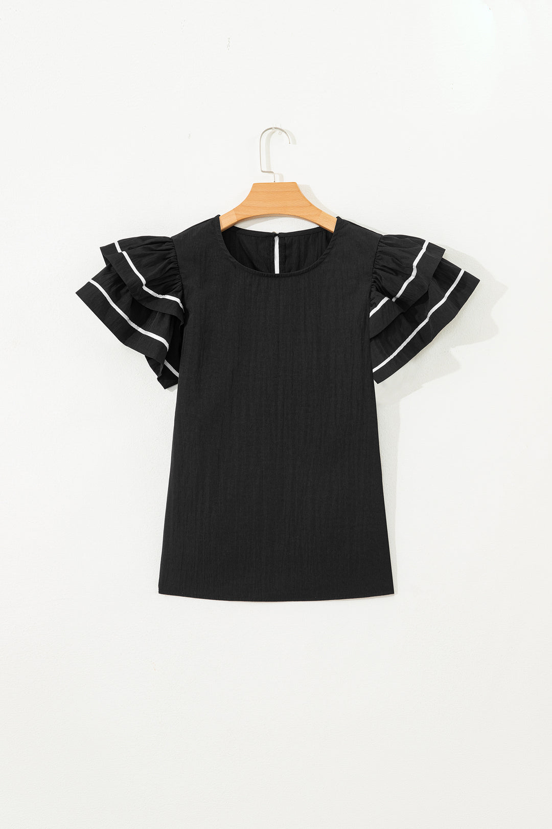 Black Contrast Trim Dual Ruffle Short Sleeve Textured Blouse - Lulubelles Clothing and Accessories