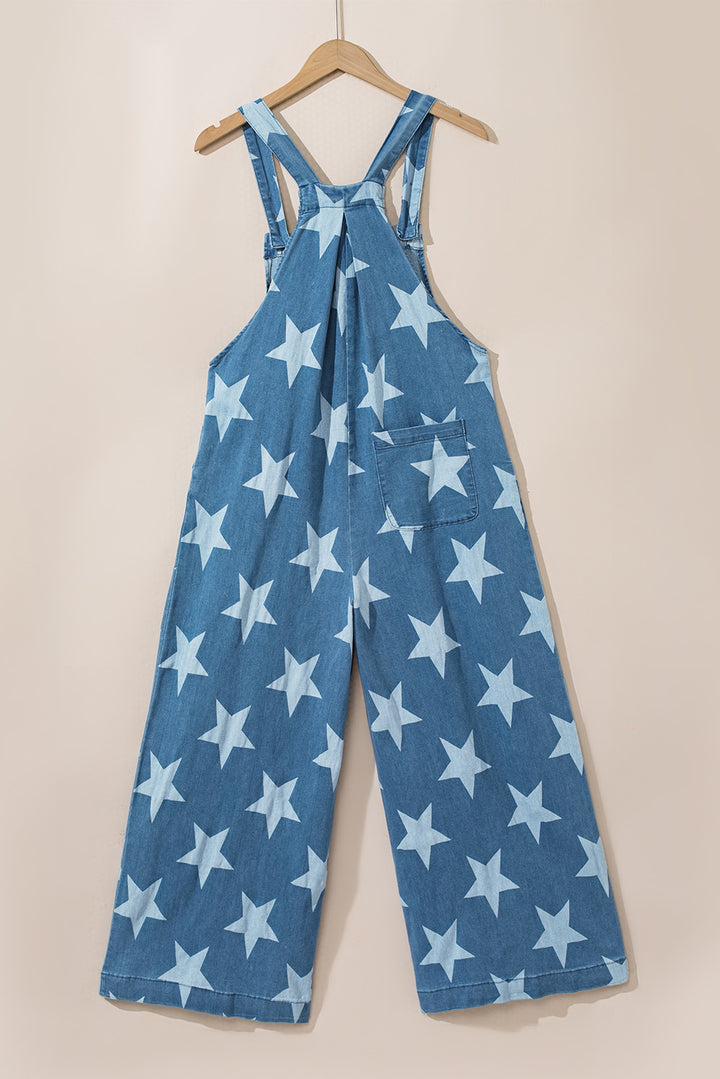 White Star Print Button Strap Pleated Wide Leg Denim Overall