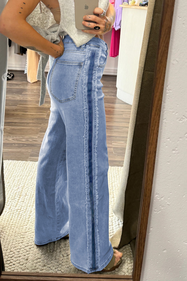 Beau Blue Contrast Stripe Frayed Side Panel Patchwork Shift Jeans - Lulubelles Clothing and Accessories