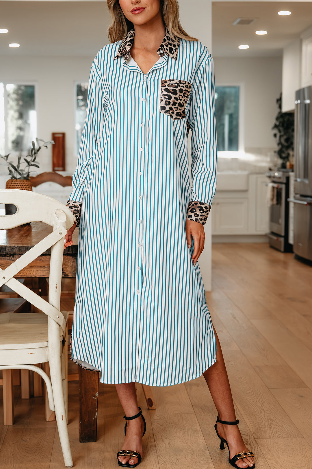 Sky Blue Stripe Contrast Leopard Patchwork Long Shirt Dress with Slits - Lulubelles Clothing and Accessories