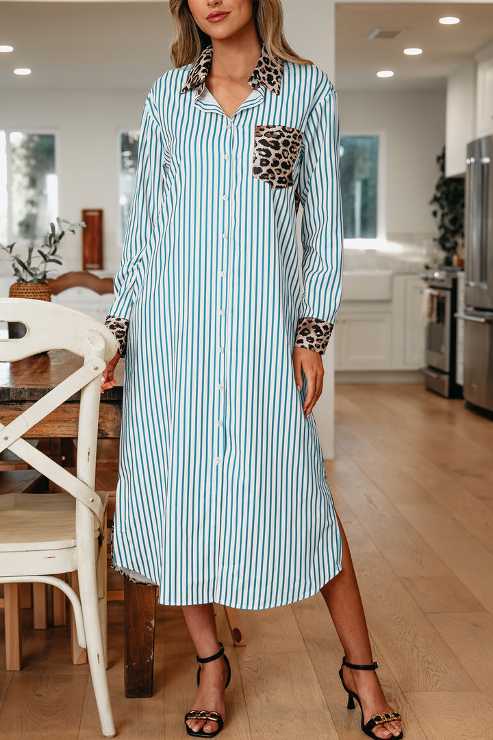 Sky Blue Stripe Contrast Leopard Patchwork Long Shirt Dress with Slits - Lulubelles Clothing and Accessories