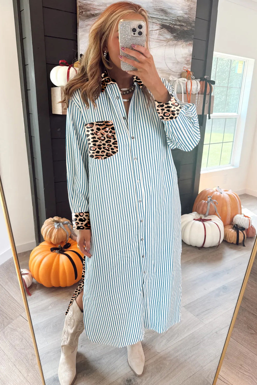 Sky Blue Stripe Contrast Leopard Patchwork Long Shirt Dress with Slits - Lulubelles Clothing and Accessories