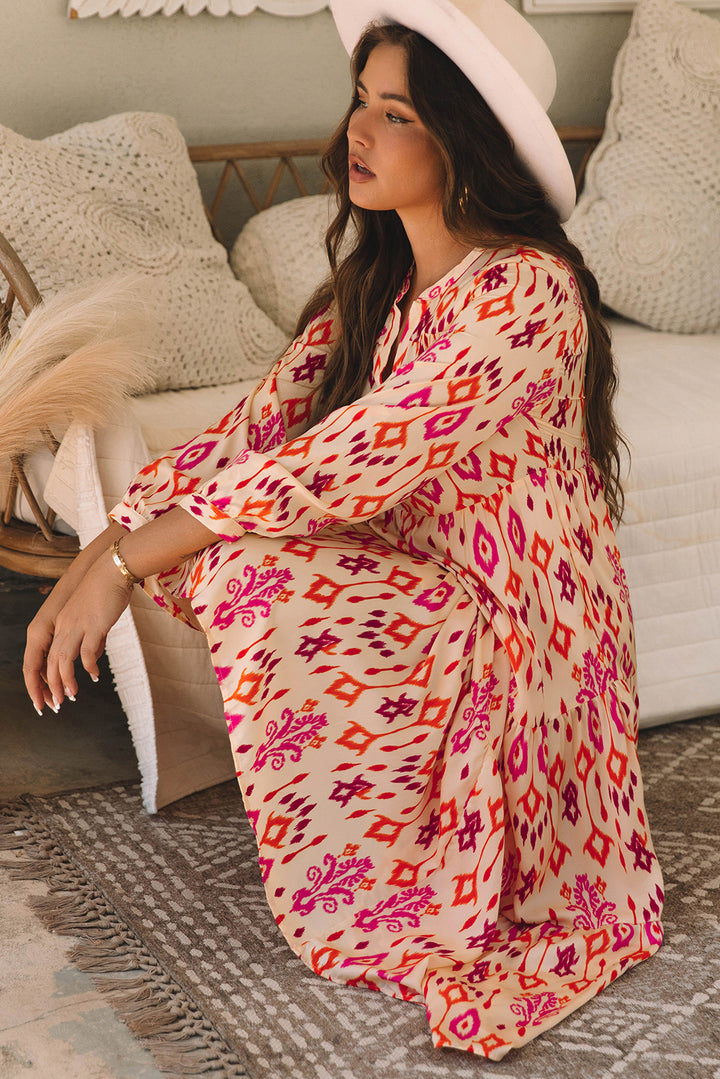 Orange Western Abstract Geometric Printed Maxi Dress - Lulubelles Clothing and Accessories