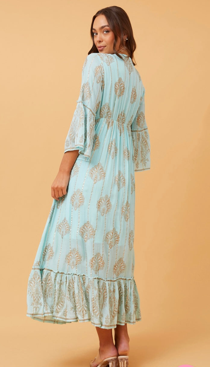 Alia Long Turquoise and Gold Maxi Dress