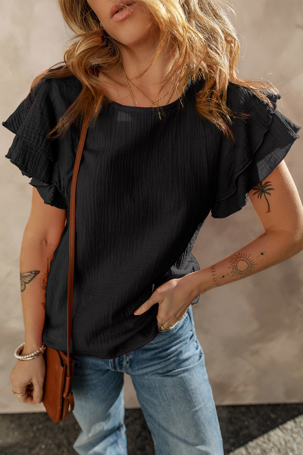 Black Crinkled Cotton Gauze Ruffle Sleeve Blouse