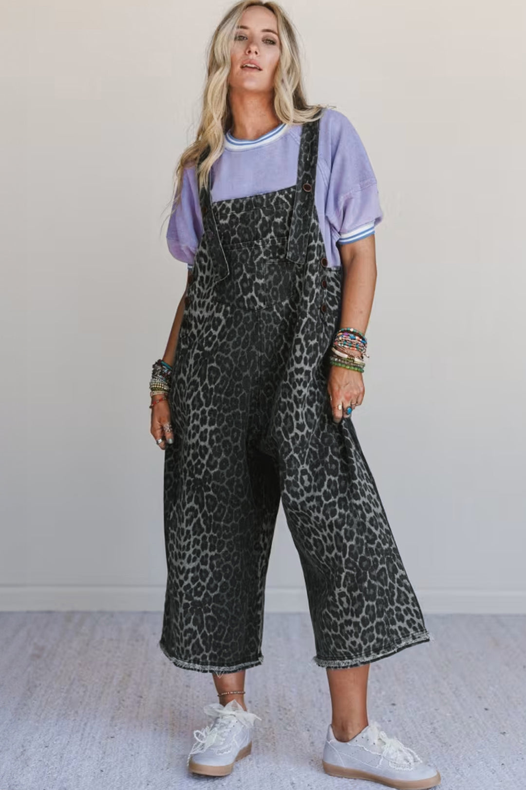 Gray Leopard Print Button Adjustable Straps Cropped Loose Denim Overalls - Lulubelles Clothing and Accessories