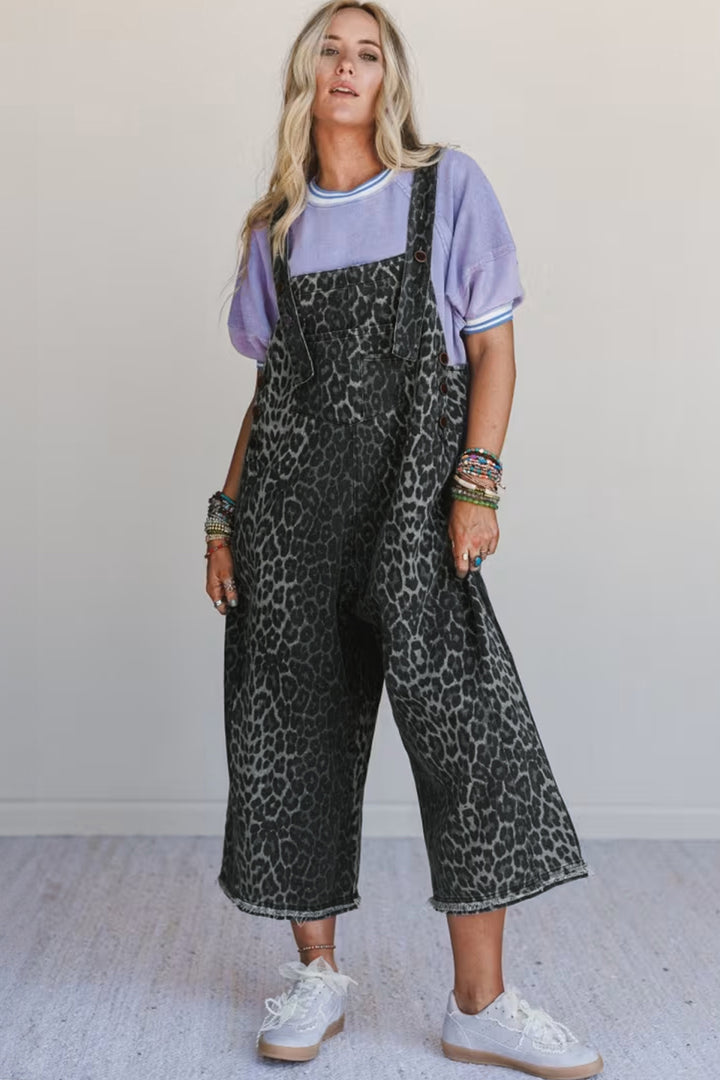 Gray Leopard Print Button Adjustable Straps Cropped Loose Denim Overalls - Lulubelles Clothing and Accessories
