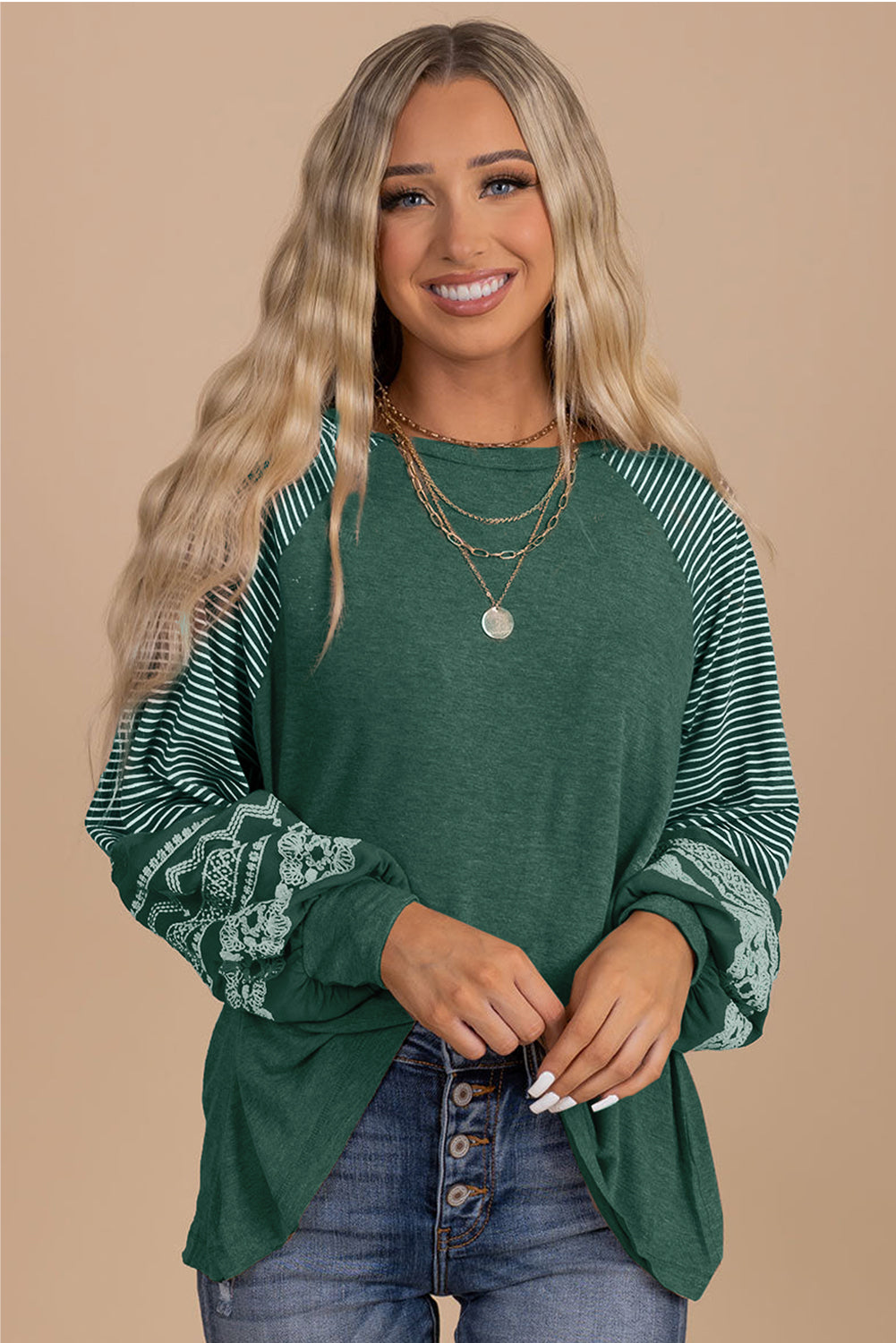 Navy Blue Contrast Print Striped Raglan Long Sleeve Loose Top