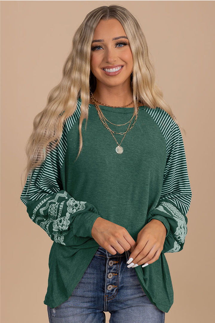 Navy Blue Contrast Print Striped Raglan Long Sleeve Loose Top
