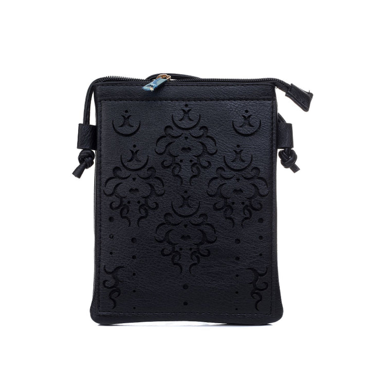 Black motif Engraved vertical clutch shoulder Bag with strap