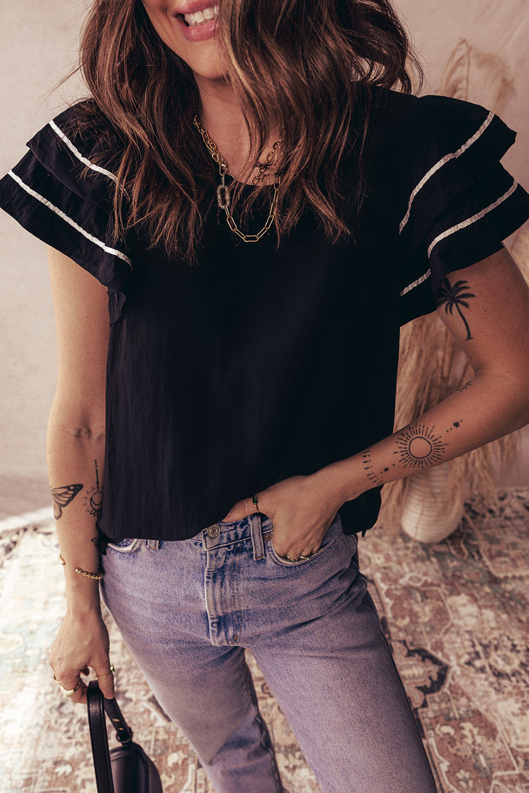 Black Contrast Trim Dual Ruffle Short Sleeve Textured Blouse - Lulubelles Clothing and Accessories