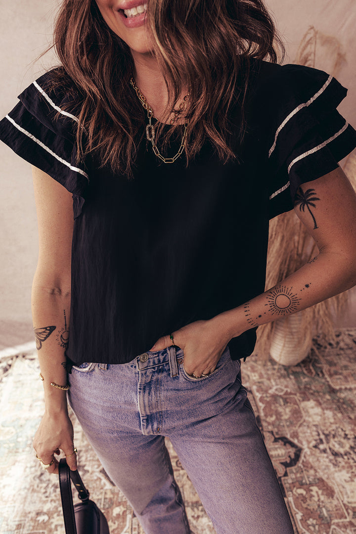 Black Contrast Trim Dual Ruffle Short Sleeve Textured Blouse - Lulubelles Clothing and Accessories