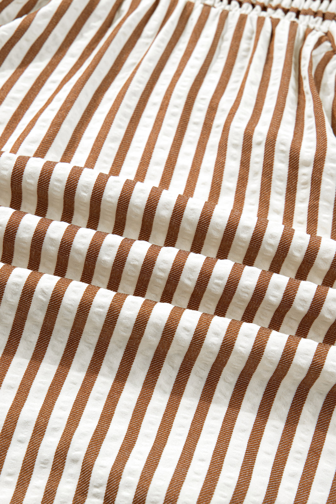 Brown Stripe Shirred V Neck Short Puff Sleeve Blouse - Lulubelles Clothing and Accessories
