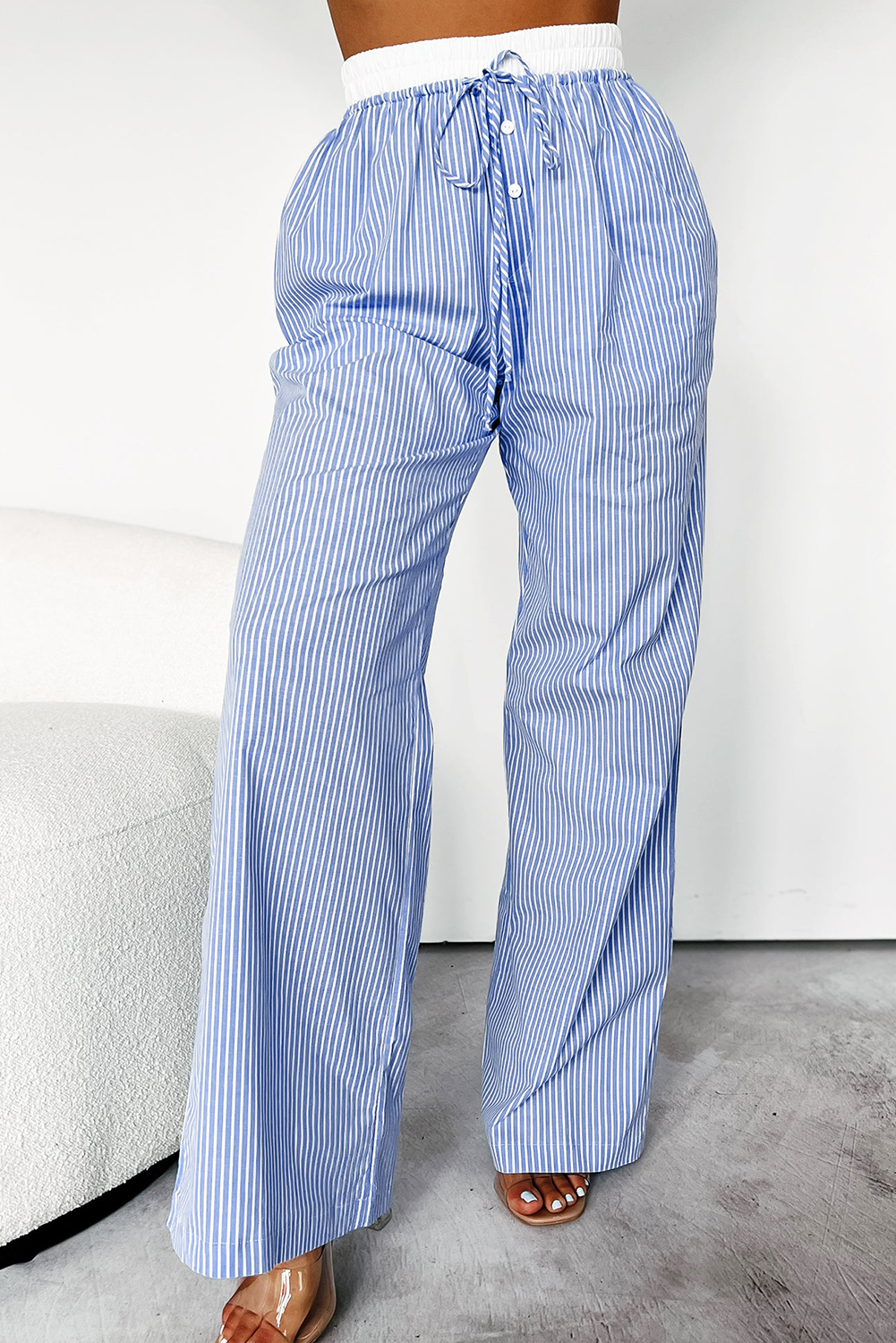 Sky Blue Stripe Drawstring Buttoned High Waist Wide Leg Pants