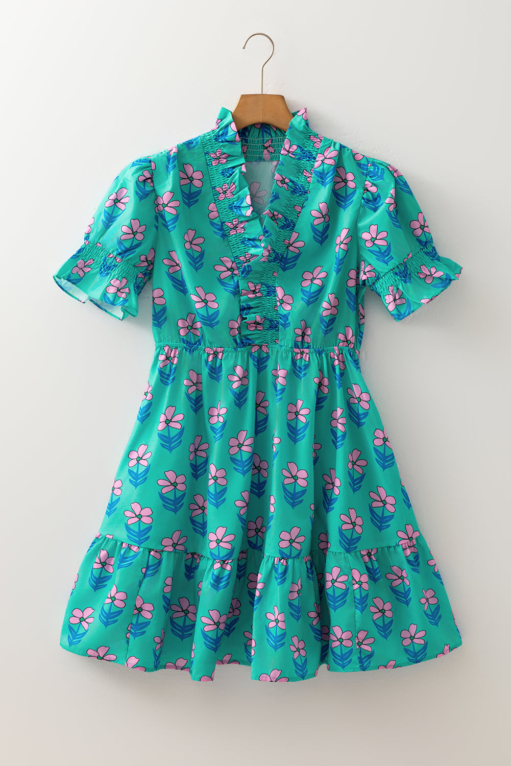 Green Floral Print Frilly Smocked Detail High Waist Mini Dress - Lulubelles Clothing and Accessories