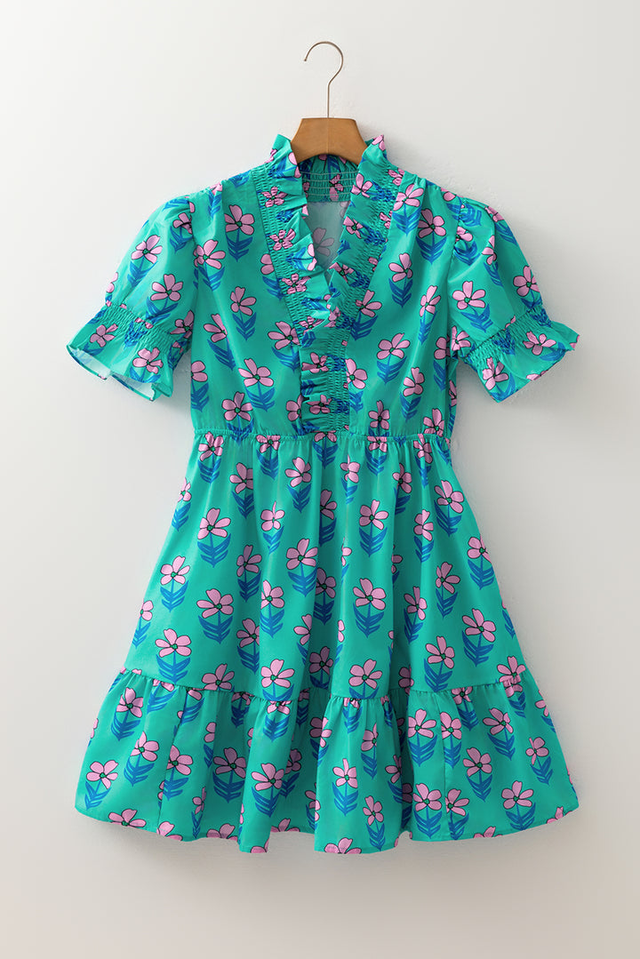 Green Floral Print Frilly Smocked Detail High Waist Mini Dress - Lulubelles Clothing and Accessories