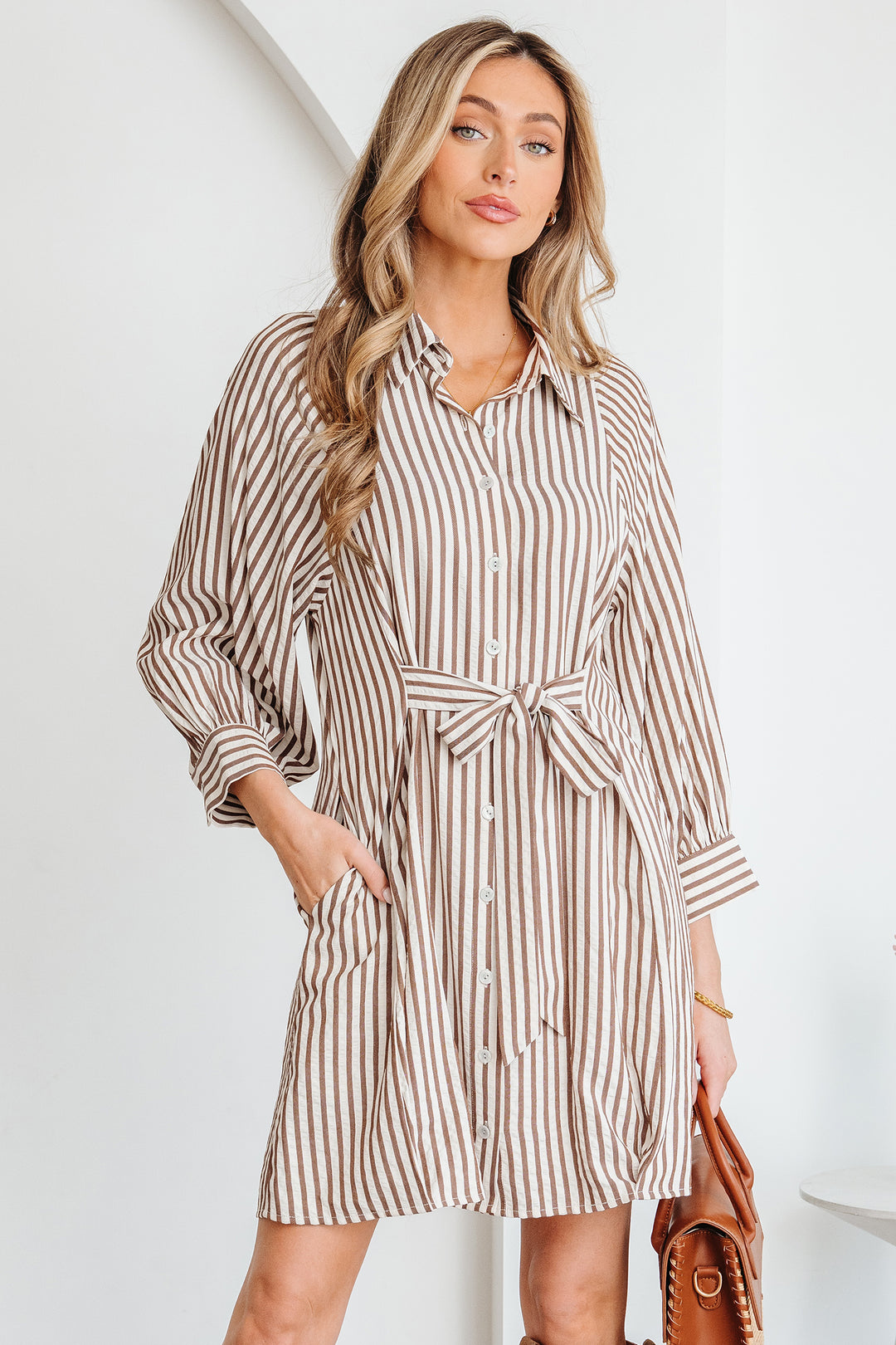 Brown Stripe Knot Waist Puff Sleeve Button Down Mini Shirt Dress - Lulubelles Clothing and Accessories