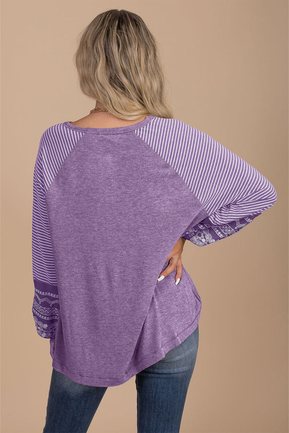 Navy Blue Contrast Print Striped Raglan Long Sleeve Loose Top