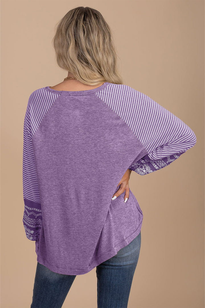 Navy Blue Contrast Print Striped Raglan Long Sleeve Loose Top