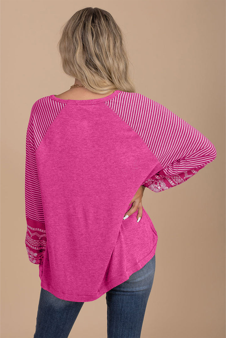 Navy Blue Contrast Print Striped Raglan Long Sleeve Loose Top