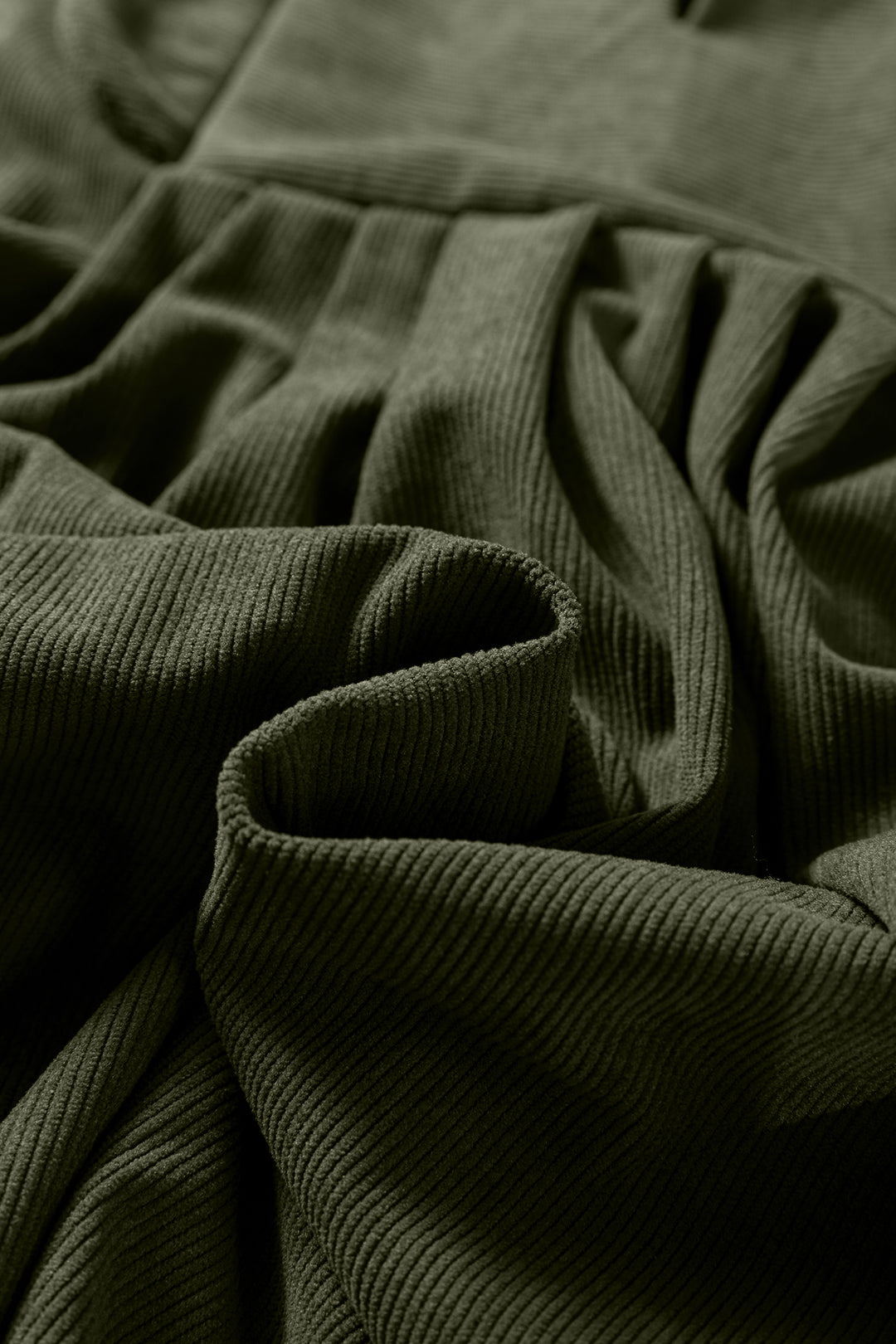 Moss Green Bracelet Sleeve Split Neck Scallop Detail Pleated Corduroy Mini Dress - Lulubelles Clothing and Accessories