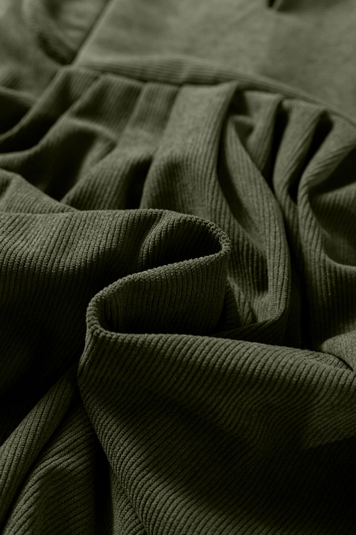 Moss Green Bracelet Sleeve Split Neck Scallop Detail Pleated Corduroy Mini Dress - Lulubelles Clothing and Accessories