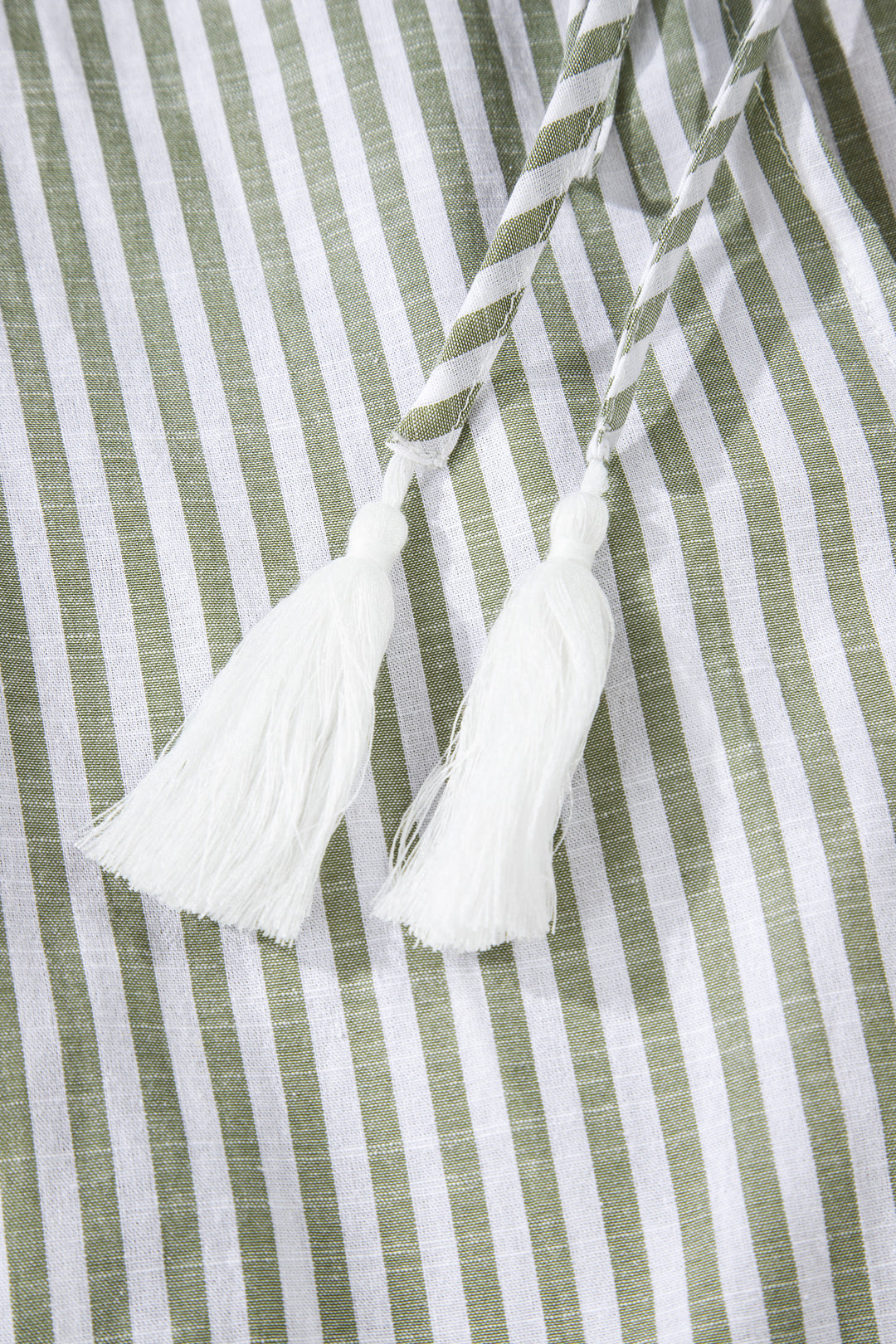 Green Stripe Tasseled Tie Neck Ruffled Short Sleeve Tiered Flattering Dress - Lulubelles Clothing and Accessories