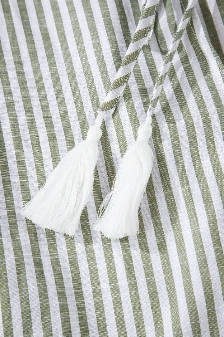 Green Stripe Tasseled Tie Neck Ruffled Short Sleeve Tiered Flattering Dress - Lulubelles Clothing and Accessories