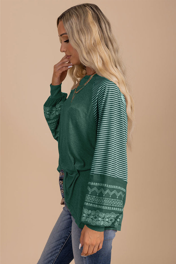 Navy Blue Contrast Print Striped Raglan Long Sleeve Loose Top