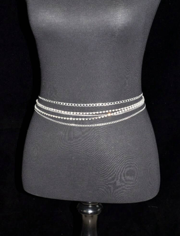 Women Rhinestone Decor Layered Chain Belt Silver