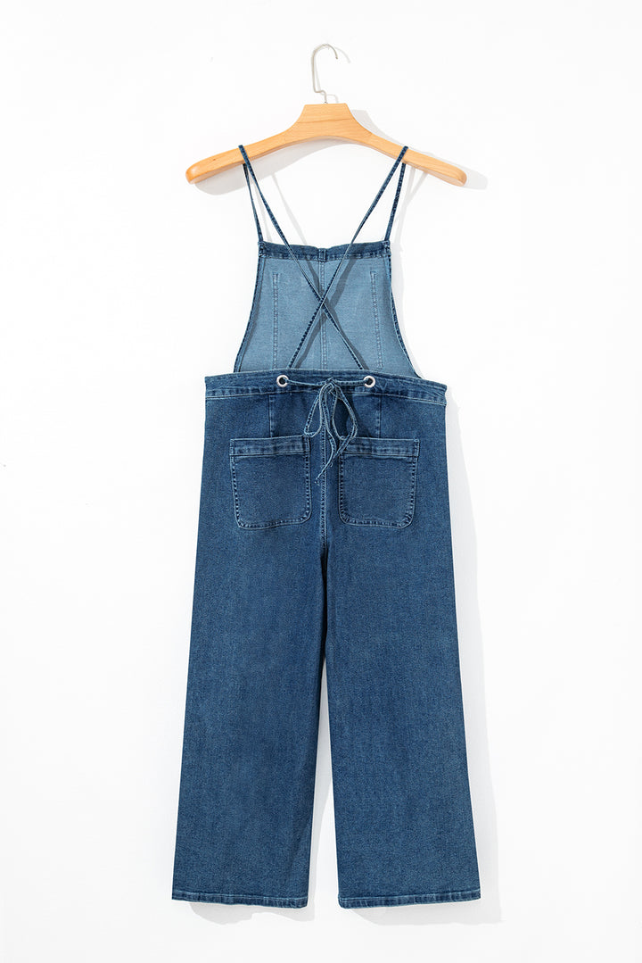 Dusk Blue Adjustable Tie Straps Cropped Wide Leg Denim Overalls - Lulubelles Clothing and Accessories