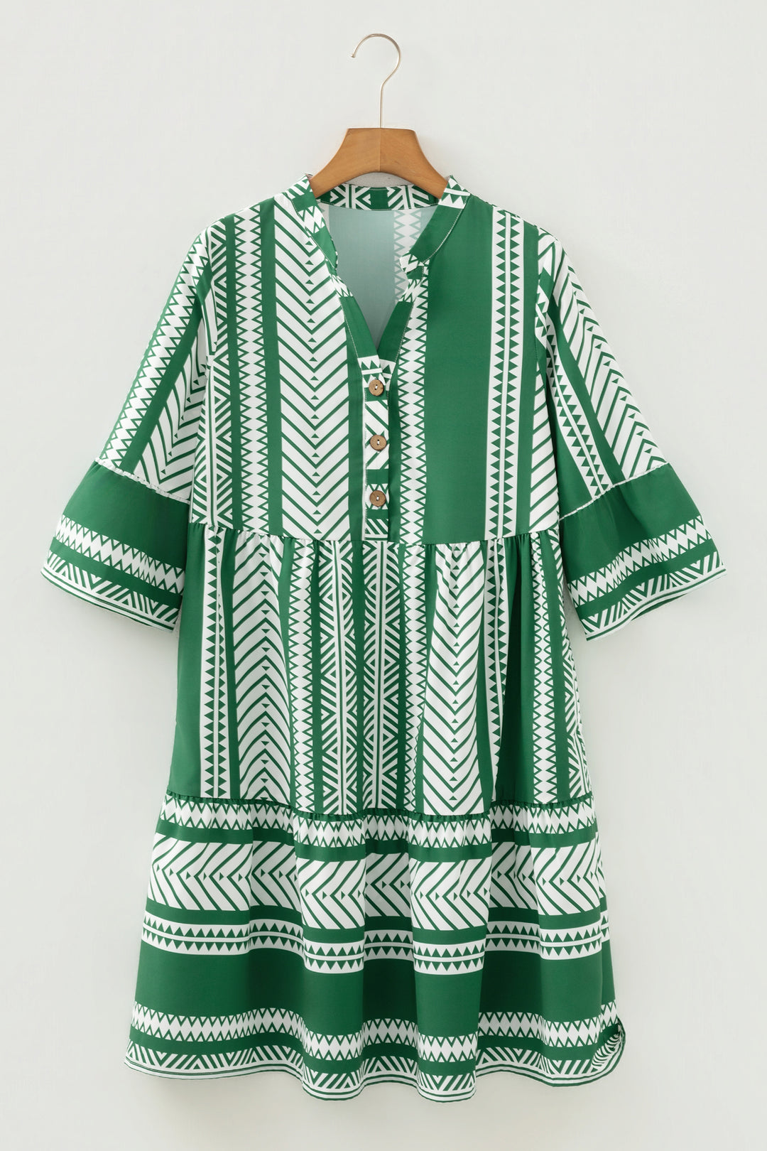 Green Boho Ethnic Print Half Button 3/4 Sleeve Casual Dress - Lulubelles Clothing and Accessories