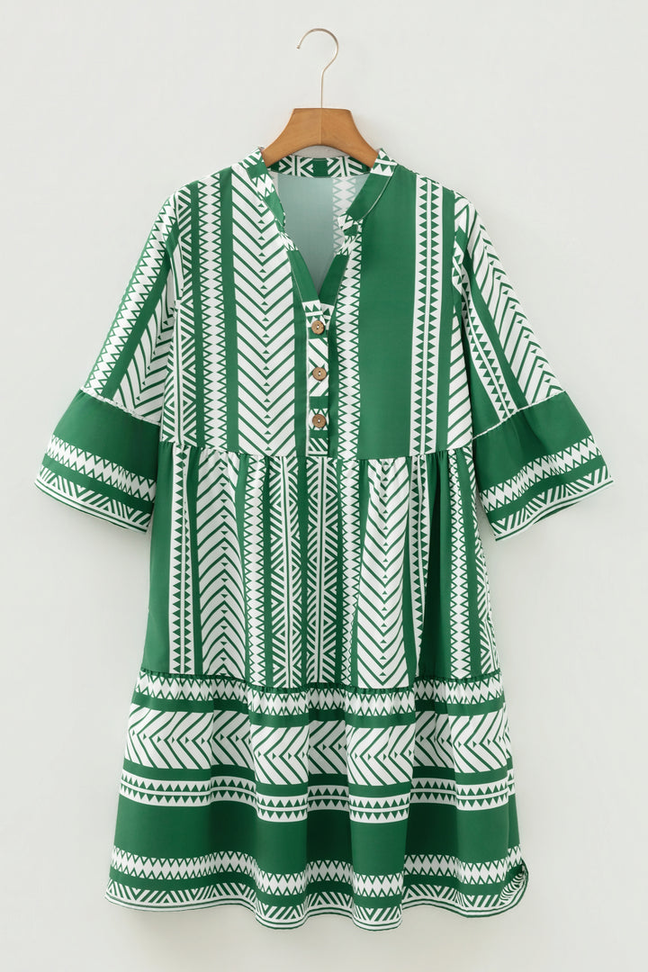 Green Boho Ethnic Print Half Button 3/4 Sleeve Casual Dress - Lulubelles Clothing and Accessories