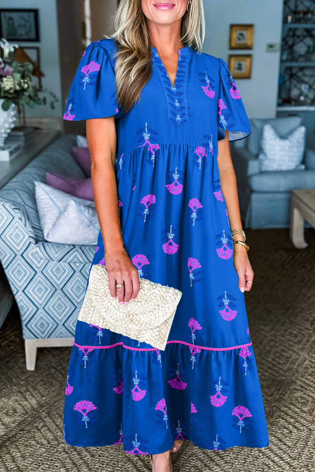 Green Floral Print Notched Neck Flounce Sleeve Midi Dress