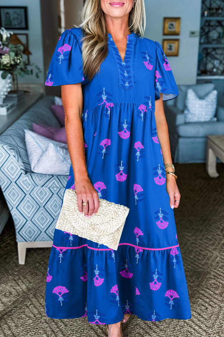 Green Floral Print Notched Neck Flounce Sleeve Midi Dress