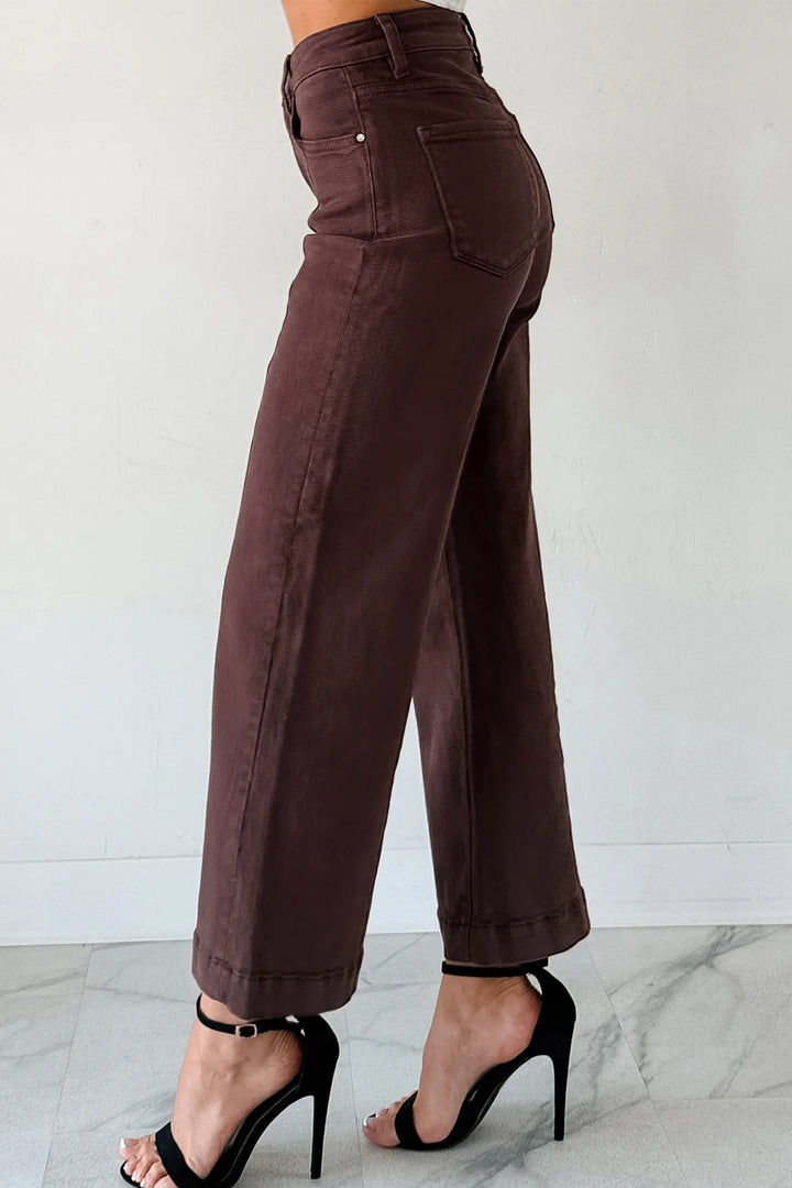 Red Sandalwood Solid Color Seamed Center Wide Leg Cropped Jeans - Lulubelles Clothing and Accessories