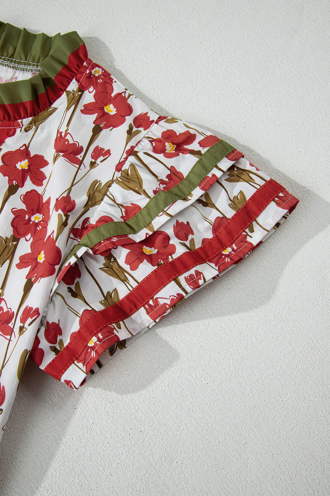 Red Floral Print Contrast Trim V Neck Double Ruffled Short Sleeve Blouse - Lulubelles Clothing and Accessories