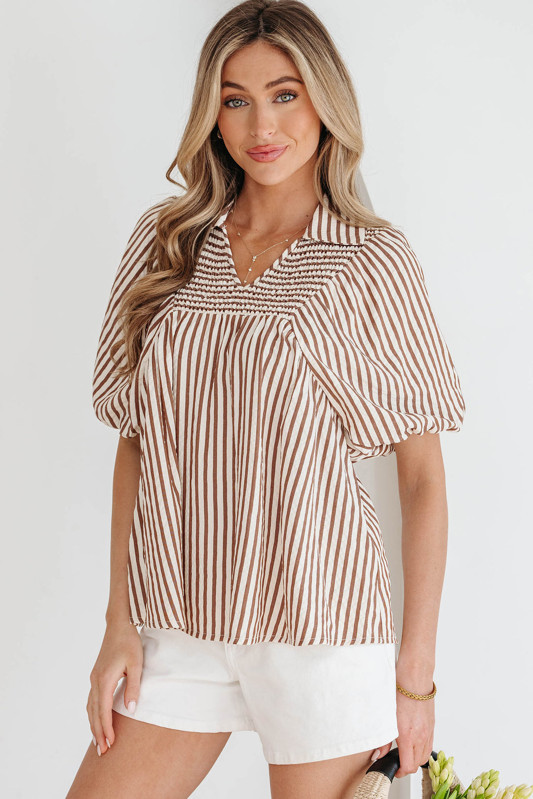 Brown Stripe Shirred V Neck Short Puff Sleeve Blouse - Lulubelles Clothing and Accessories