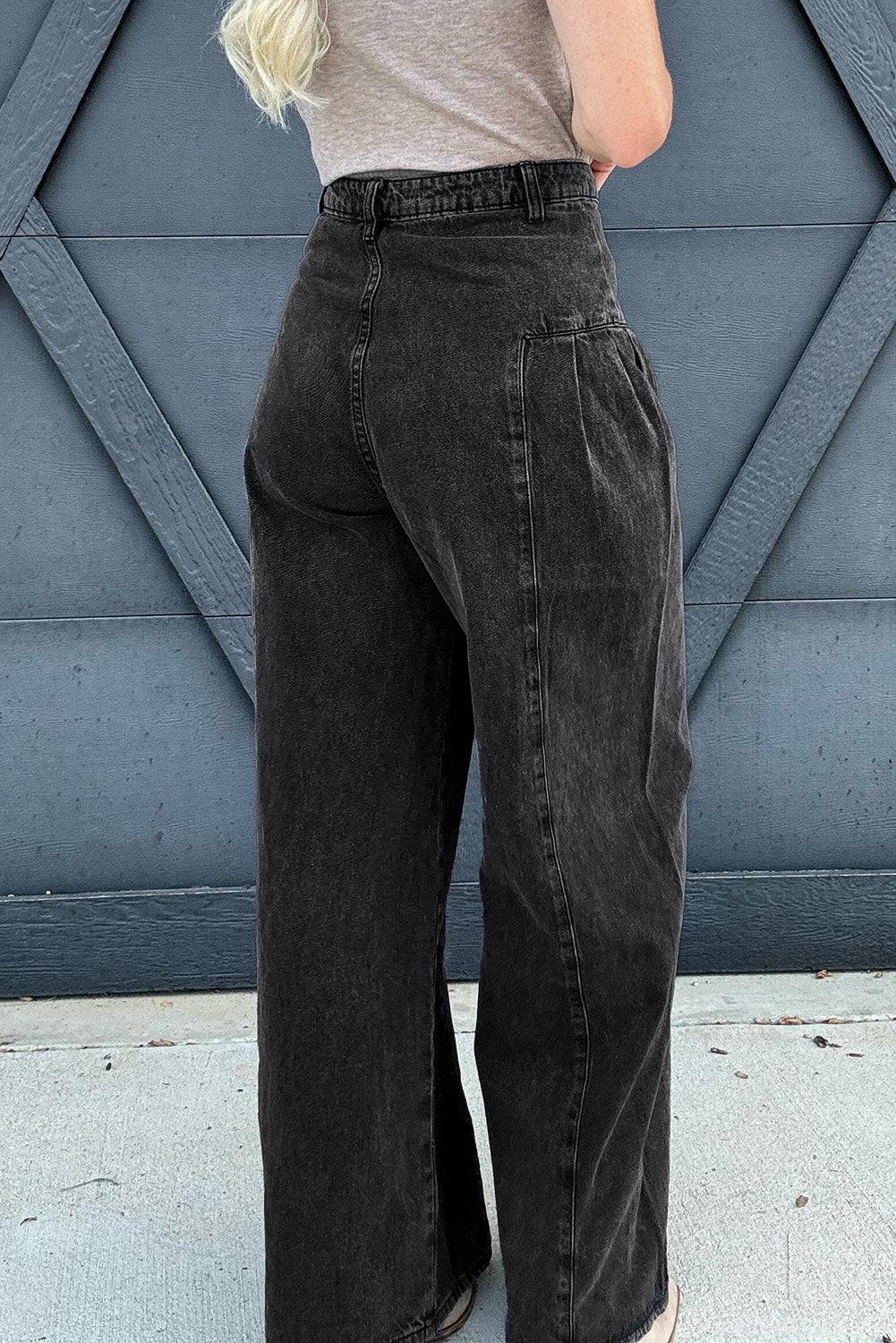 Dark Grey Pleated Wide Leg Mineral Wash Jeans