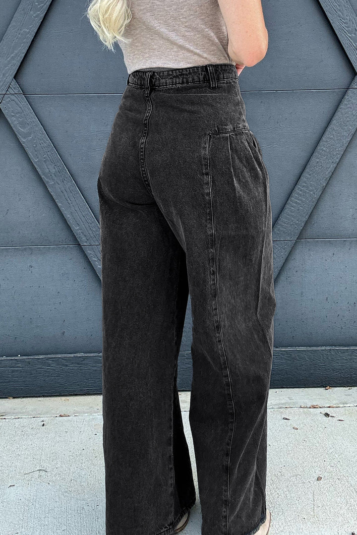 Dark Grey Pleated Wide Leg Mineral Wash Jeans